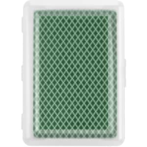 A green deck of playing cards housed in a clear plastic case with a textured pattern.