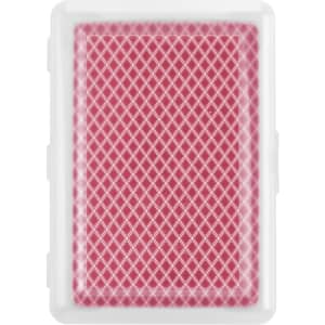 A set of red playing cards in a clear plastic case, featuring a diamond pattern.