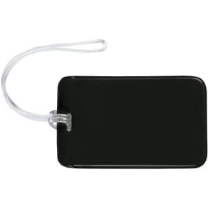 A black luggage tag with a clear strap. It has a smooth surface and a transparent attachment.