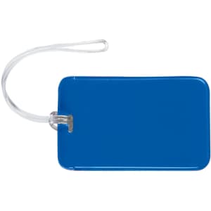 A blue luggage tag with a clear attachment strap, suitable for identifying baggage.