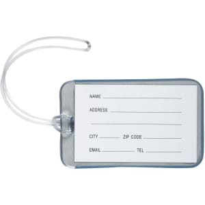 A grey luggage tag with a clear sleeve for information, featuring lines for name, address, city, zip code, email, and telephone.