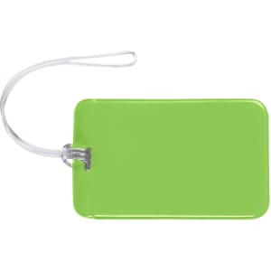 A green luggage tag with a clear loop attachment for easy identification.