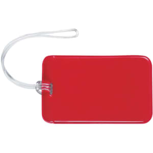 A red luggage tag with a clear strap, featuring a logo on its surface.