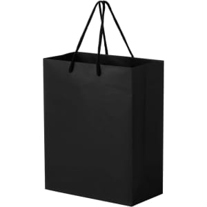 A large black laminated paper bag with a sleek design and black handles. It features a logo on the front.