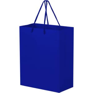 A large, vibrant blue laminated paper bag with matching handles. It has a simple design and a logo.