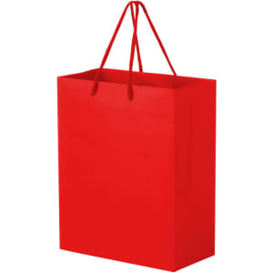 A large red laminated paper bag with red handles and no visible branding.