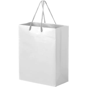 A large, white laminated paper bag with grey handles; features a logo on the front.