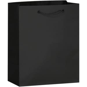 A black medium-sized laminated paper bag with a handle and a logo, featuring a sleek design.