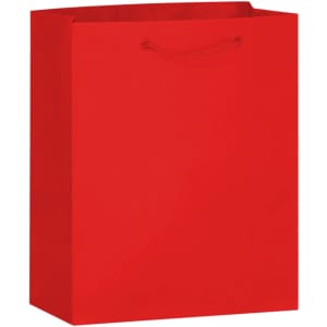A red paper bag with a flat base and matching handles, featuring a logo on the front.