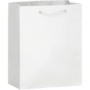 A medium, full-coloured laminated paper bag in white with a rope handle, featuring a logo.
