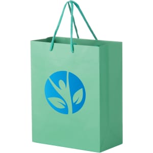 A green, extra-large laminated bag with a logo featuring a plant design and blue handles.