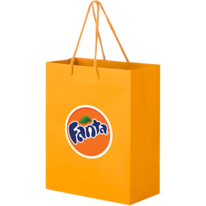 An orange laminated bag with handles and a logo on the front.
