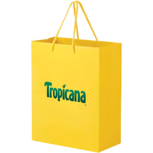 A yellow laminated bag with handles and a logo. It's an extra large size, suitable for paper bag use.