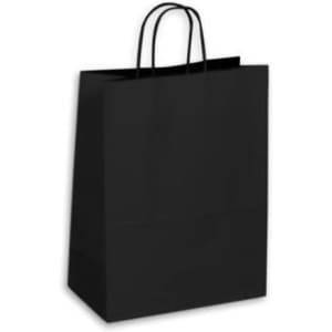 A large black kraft paper bag with two handles and a plain design. It features a logo on one side.