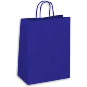A large blue kraft paper bag with handles and a logo.