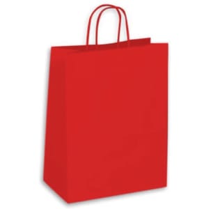 A large red kraft paper bag with two handles and a plain design. It features a logo.