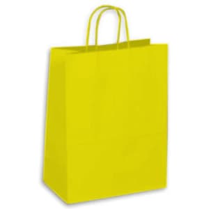 A large yellow kraft paper bag with two handles and a plain design. It features a logo on the side.