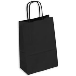 A black kraft paper bag with two handles and a rectangular design. It features a simple and smooth surface.