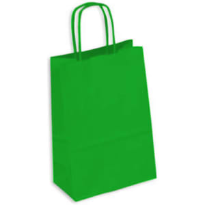 A vibrant green kraft paper bag with two handles and a flat base, featuring a logo.