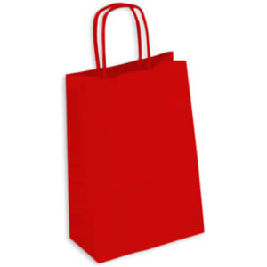 A red kraft paper bag with two handles, featuring a simple design and a sturdy structure.