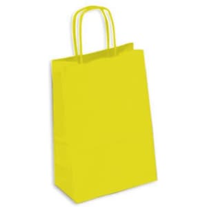 A yellow kraft paper bag with two handles and a simple design, featuring a logo or branding.