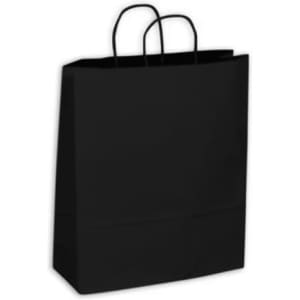 A medium black kraft paper bag with two handles and a rectangular shape.