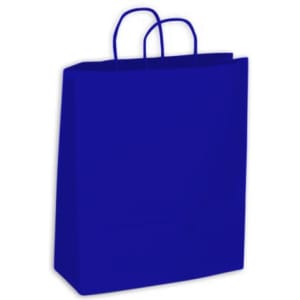 A blue medium coloured Kraft paper bag with two handles and a simple design.