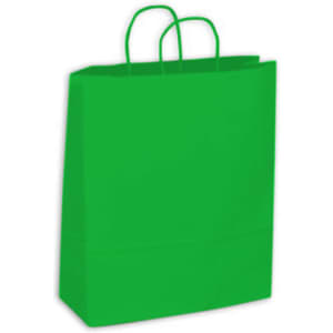 A bright green medium-sized kraft paper bag with two handles and a smooth finish.