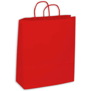 A red medium coloured kraft paper bag with two handles and a smooth finish. It features a logo.