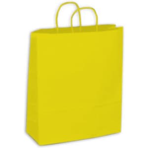 A bright yellow medium-sized kraft paper bag with two handles and a plain surface.