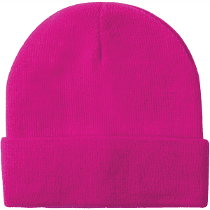 Acrylic rollup beanie hat in bright pink, featuring a folded cuff and a simple design with a logo.