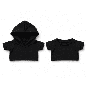 A set of two black plush toy outfits, including a hooded top and a short-sleeve top, both featuring a simple design.