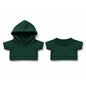 A set of green plush toy garments, including a hoodie and a short-sleeved top.
