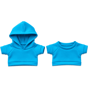 Two blue plush toy outfits, including a hooded sweatshirt and a short-sleeve top. Both are made of soft fabric.