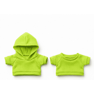 Two bright green plush toy outfits, one with a hood and the other a short-sleeve shirt.