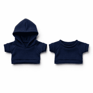 Two navy blue plush toy outfits, one with a hood and another as a short-sleeved top. Each has a simple design.