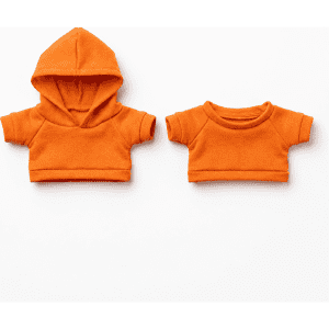 Two orange plush dog shirts, one with a hood and the other a short-sleeved design, displayed on a white background.