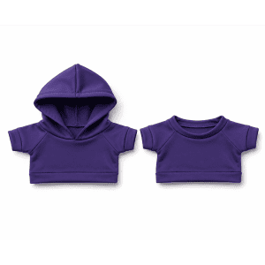 Two purple plush toy t-shirts, one with a hood and the other without, displayed together.