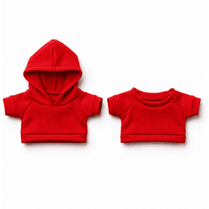 Two red plush toy outfits, one with a hood and the other a short-sleeve design, set against a white background.