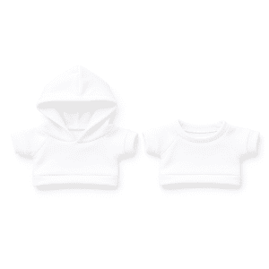 Two white plush toy outfits, including a hooded top and a short-sleeved top, both featuring a simple design.