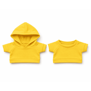 A set of bright yellow pet shirts, one with a hood and another short-sleeved. Each shirt features a simple design.