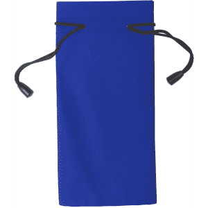 A blue toiletry pouch with a drawstring closure and black cord. Features a logo.