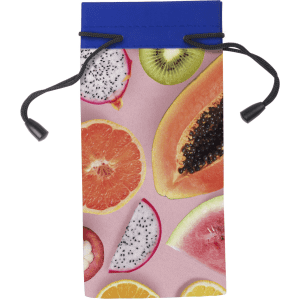 A vibrant pouch featuring a fruity design with orange, kiwi, papaya, and dragon fruit, complemented by a blue drawstring.