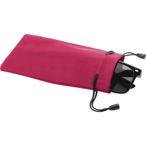 A pink pouch with drawstring closure containing a pair of sunglasses. Features a logo on the pouch.