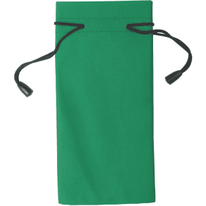 A green toiletry pouch with a drawstring closure and plastic toggles, featuring a simple design.