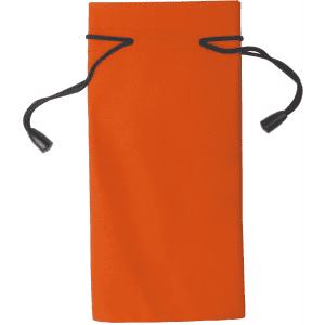 An orange toiletry pouch with a drawstring closure and black cords. It features a logo on one side.