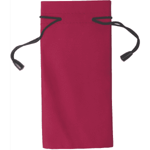 A red pouch with a drawstring closure, featuring a sleek design and a branding logo.