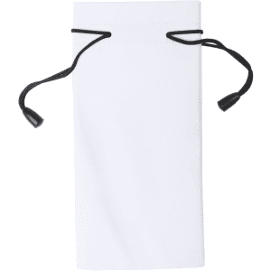 A white pouch with a drawstring closure, featuring black accents. It includes a logo.