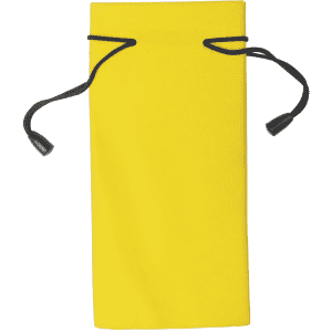 A yellow toiletry pouch featuring a drawstring closure and black cords. It has a simple, sleek design.
