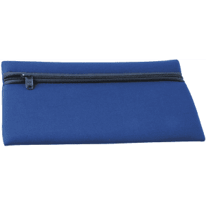 A blue neoprene pencil case with a zip closure, featuring a smooth exterior and minimalist design.